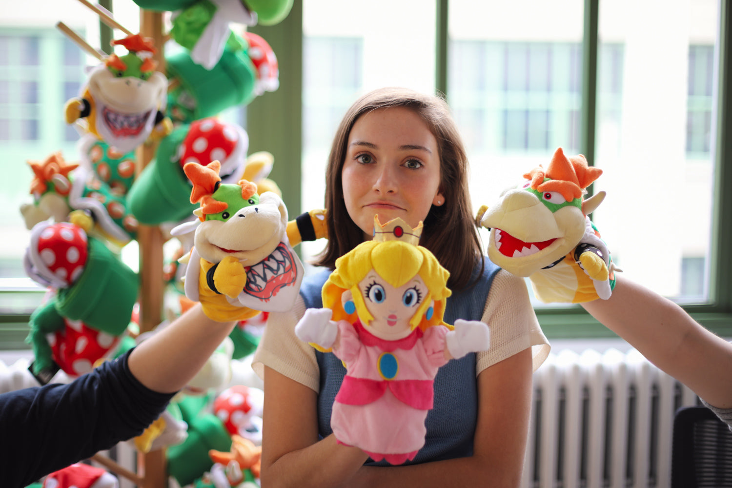 Licensed Super Mario hand puppets, by Uncute (from left to right: Bowser Jr., Princess Peach, and Bowser)